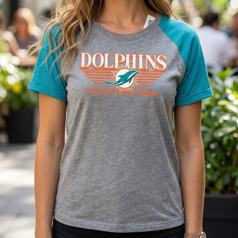 Miami‎ Dolphins NFL Team Apparel Raglan T-Shirt Womens 2XL Gray Blue